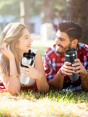 Stainless Steel Black & White Vacuum Insulated Tumbler With straw - 1200ML X 2 PCS