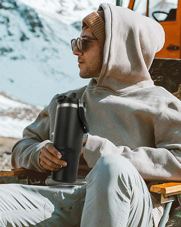 Stainless Steel Black Vacuum Insulated Tumbler With straw - 1200ML