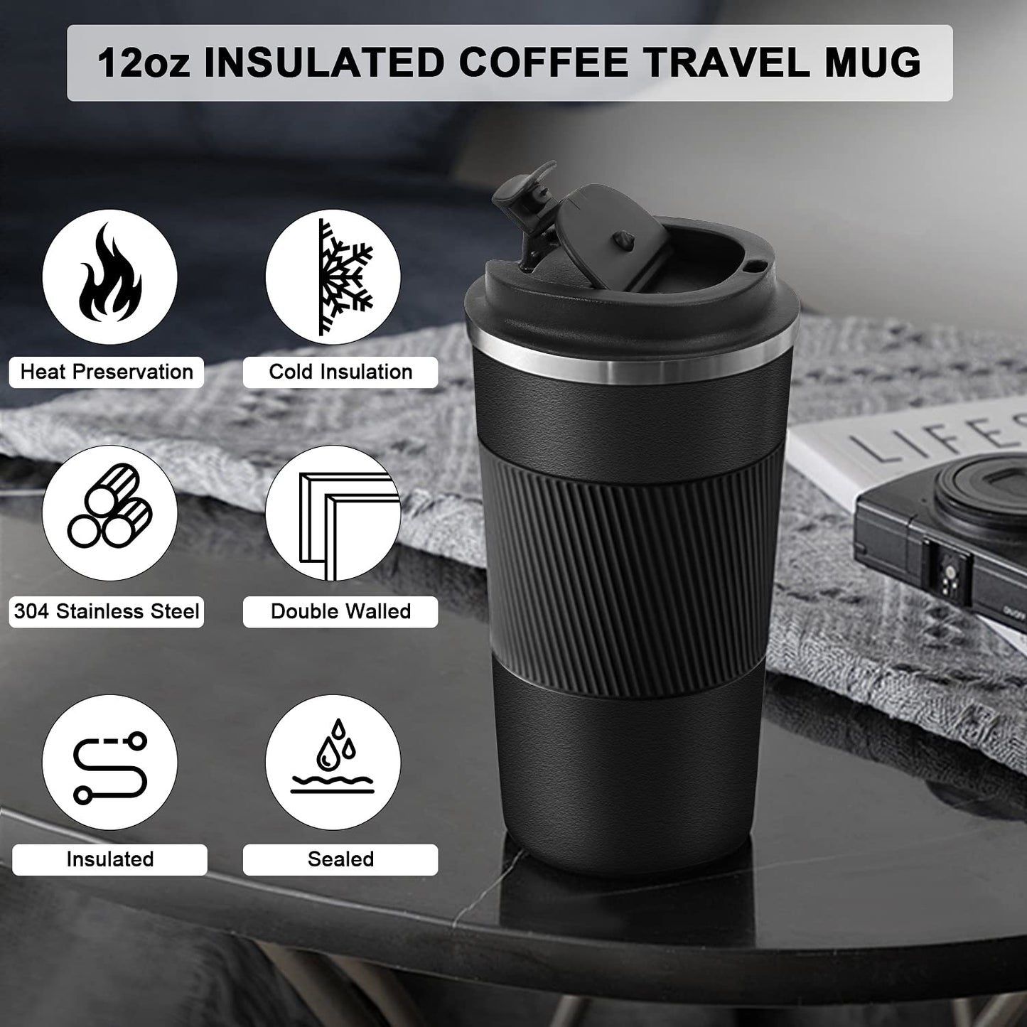 Stainless Steel Black Vacuum Insulated Tumbler One Hand Flip - 510ML