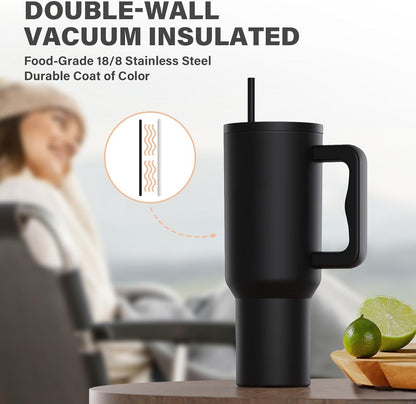 Tumbler with Handle and Straw Lid, Reusable Vacuum Insulated Stainless Steel Water Bottle Leakproof Coffee Sipper Mug for Keeping Beverages Hot or Cold, Perfect for Travel