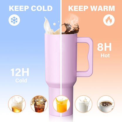 Tumbler with Handle and Straw Lid, Reusable Vacuum Insulated Stainless Steel Water Bottle Leakproof Coffee Sipper Mug for Keeping Beverages Hot or Cold, Perfect for Travel