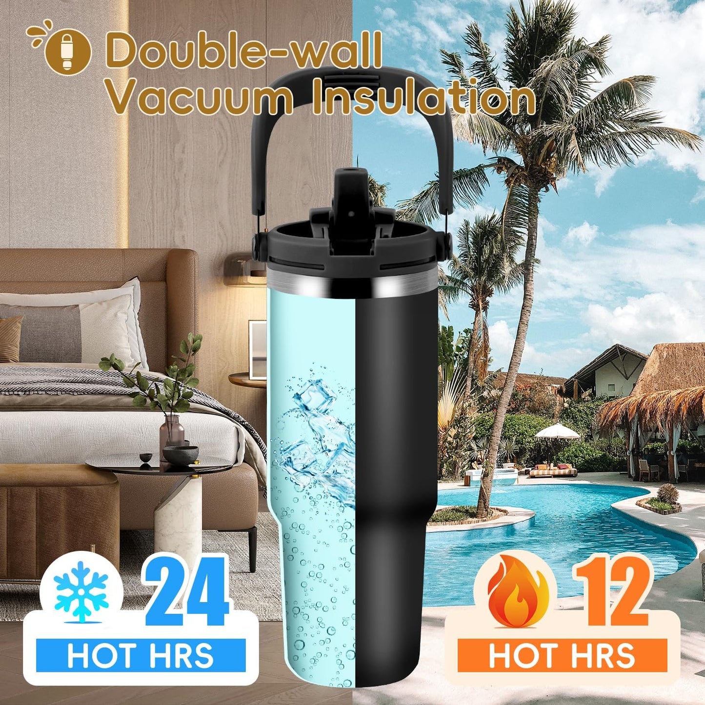 Stainless Steel Black Vacuum Insulated Tumbler With straw - 1200ML