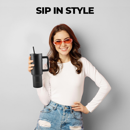 Tumbler with Handle and Straw Lid, Reusable Vacuum Insulated Stainless Steel Water Bottle Leakproof Coffee Sipper Mug for Keeping Beverages Hot or Cold, Perfect for Travel